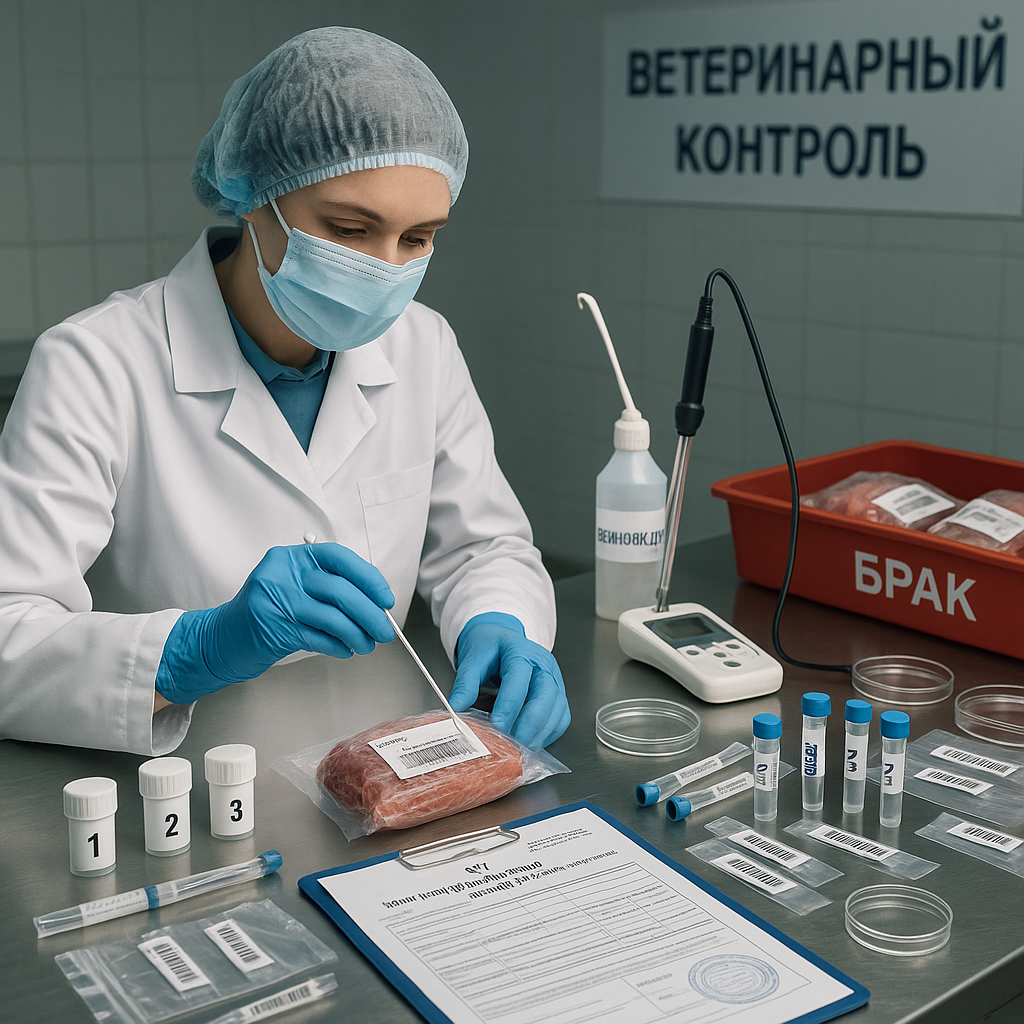 A vet inspector in full PPE swabs a labeled meat sample at a spotless